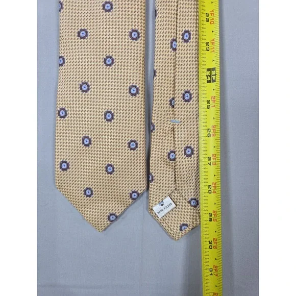Peter Millar Silk Tie Yellow/Beige Geometric Designer Pattern Hand Folded Mens - Picture 5 of 8